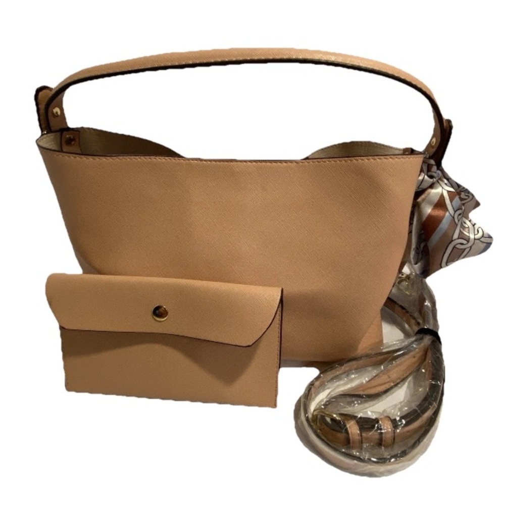 ALDO Tan Faux Leather Bucket Shoulder Bag + Wallet Set w/ Scarf Strap